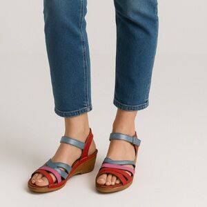 Karyoka Genuine Leather Multi-Color Hook & Loop Comfort Wedge Sandals Size 9